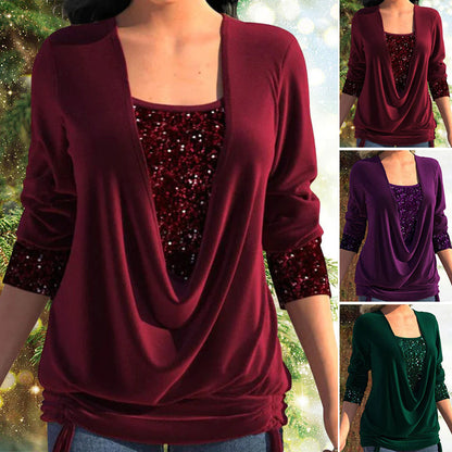 🎁Last Day Sale 50% OFF🎄Sequin Loose Smocked Fake Two-Piece Top