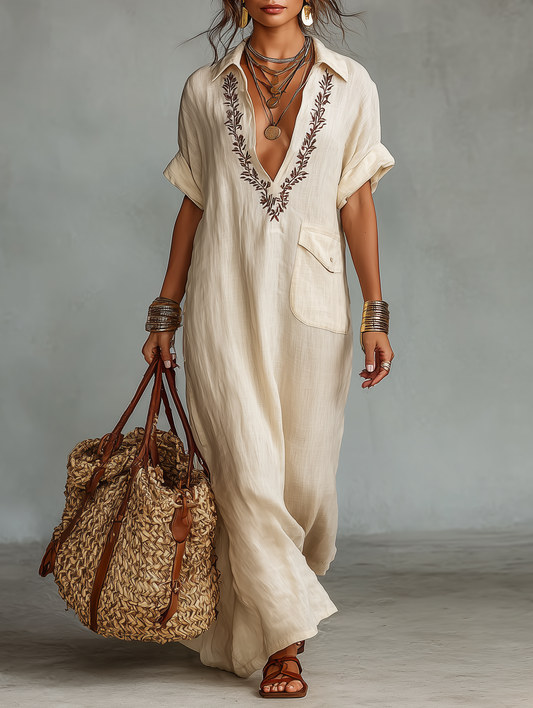 Women's Minimalist Linen Blend Embroidered Short-sleeved Shirt Maxi Dress