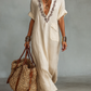 Women's Minimalist Linen Blend Embroidered Short-sleeved Shirt Maxi Dress