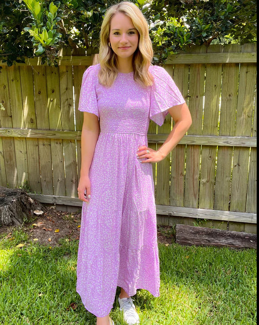 🌷LAST DAY SALE 50% OFF!!💥2026 Summer Casual Floral Print Short Flutter Sleeve Crew Neck Smocked High Waist Flowy Maxi Dress