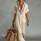 Women's Minimalist Linen Blend Embroidered Short-sleeved Shirt Maxi Dress