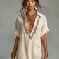 Women's Minimalist Linen Blend Embroidered Short-sleeved Shirt Maxi Dress