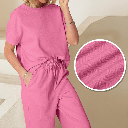 HOT SALE🔥Women's Textured Loose Fit T Shirt and Drawstring Pants Casual Set