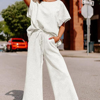 HOT SALE🔥Women's Textured Loose Fit T Shirt and Drawstring Pants Casual Set