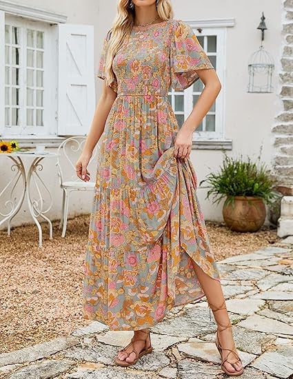 🌷Early Summer Sale 70% Off🌸2026 Summer Casual Floral Print Short Flutter Sleeve Crew Neck Smocked High Waist Flowy Maxi Dress