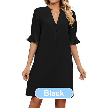 Women's Solid Color V-Neck Loose Fit Half Sleeve Dress
